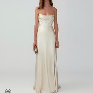 Fame and partners satin strappy draped champagne gown